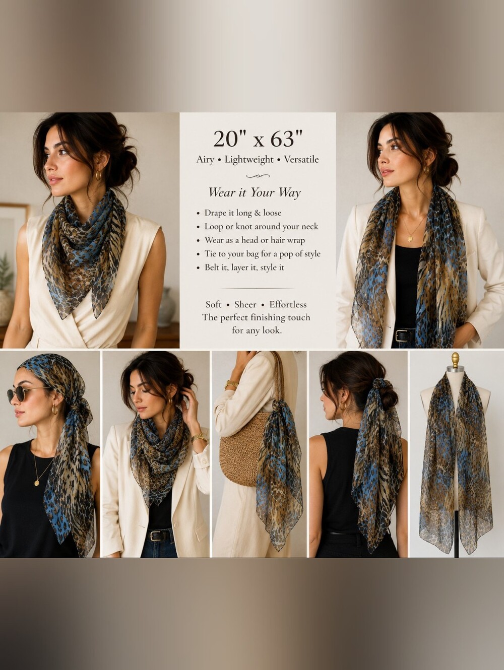 100% SILK NEW Long Fashion Scarf / Wrap – Blue/Tan – ANIMAL PRINT